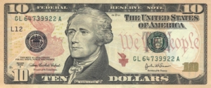 A U.S. ten dollar bill featuring the face of Alexander Hamilton