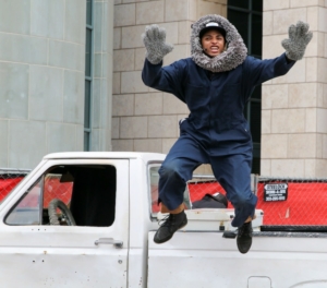 Actor jumps off pickup truck in Shakespeare in the Parking Lot