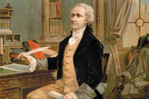 Portrait of Alexander Hamilton holding a quill at a desk