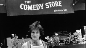 Comedian Robin Williams stands outside the Comedy Store in the 1970s