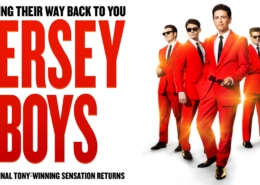 Promotional graphic for Jersey Boys featuring four performers in matching bright red suits and black ties against a white background. Large red text displays the show's title, while smaller text above and below notes the return of the Tony Award-winning musical. A gold emblem in the corner highlights the 20th anniversary tour.
