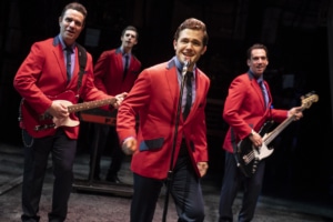 The Four Seasons wears red blazers as they perform Sherry in Jersey Boys Broadway National Tour