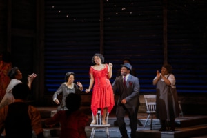 A woman sings while standing on a chair. She's wearing a glittering red dress. People clap and dance around her.