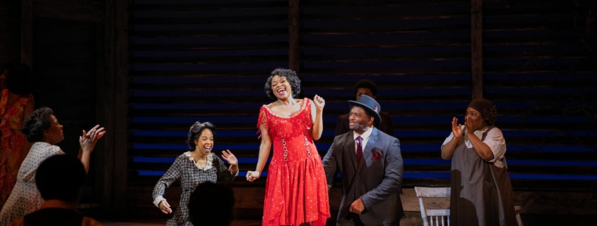 A woman sings while standing on a chair. She's wearing a glittering red dress. People clap and dance around her.