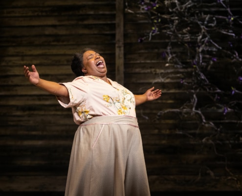 A woman stands with her arms outstretched, belting a song onstage.