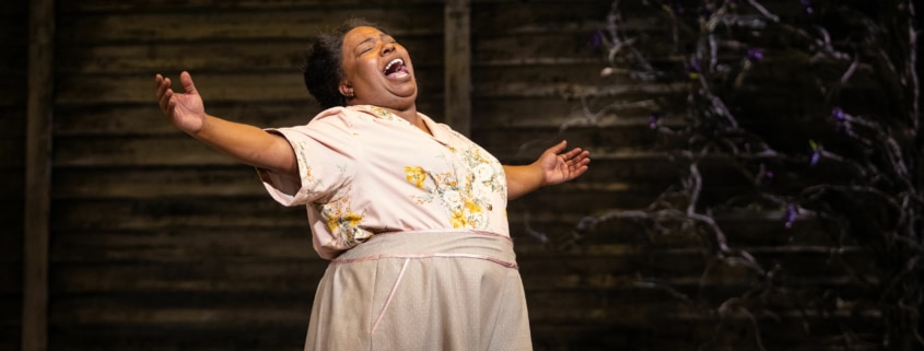 A woman stands with her arms outstretched, belting a song onstage.