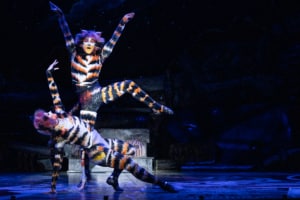 Two actors pose onstage as they dance in Cats