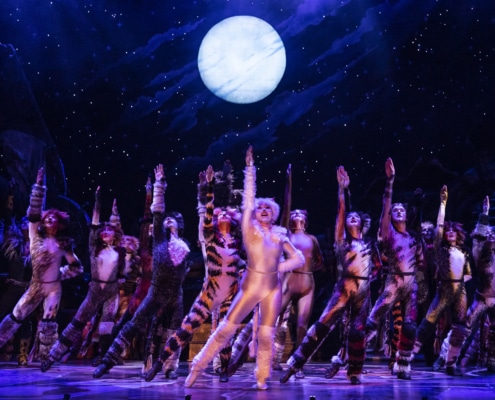 The cast of cats poses in unison on stage and all singing together with one "paw" in the air