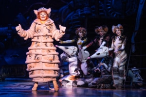 An actress dressed as a cat stands in the foreground with many cats and mice behind her in CATS