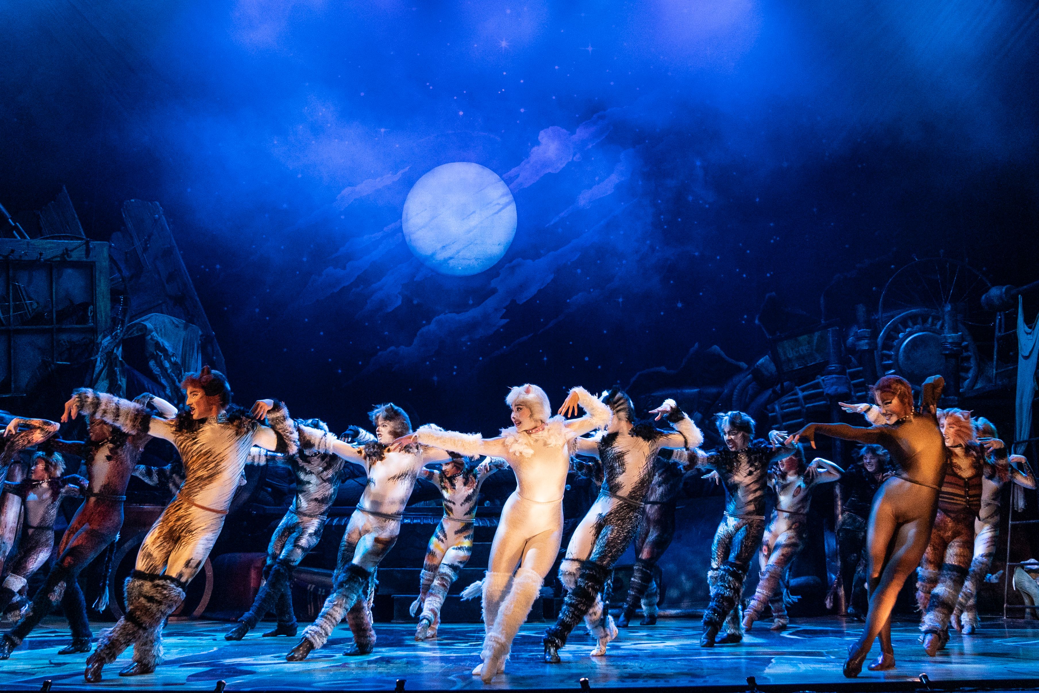 Entire Cats cast is dancing on stage, facing the right, under a full moon sky