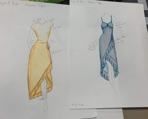 Costume sketches of two women's dresses