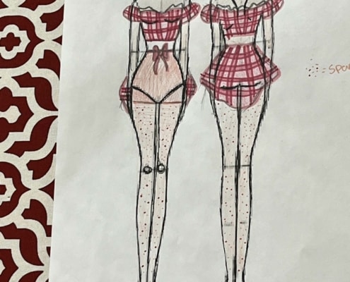 A costume sketch of a women's dress