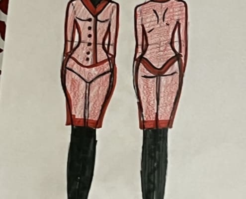 A costume sketch of a woman's red suit