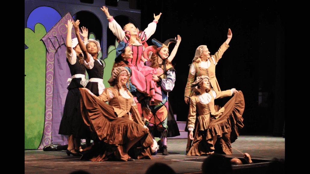 The cast of Once Upon a Mattress poses during a dance number