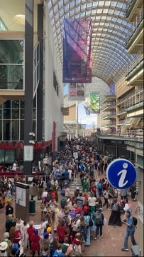 An overhead view of students marching through the Performing Arts Complex