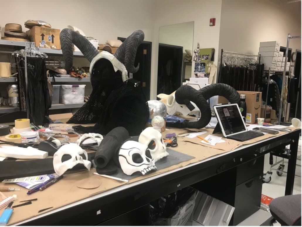 A large skull prop is placed on a table