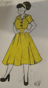 A costume sketch of a girl in a yellow dress