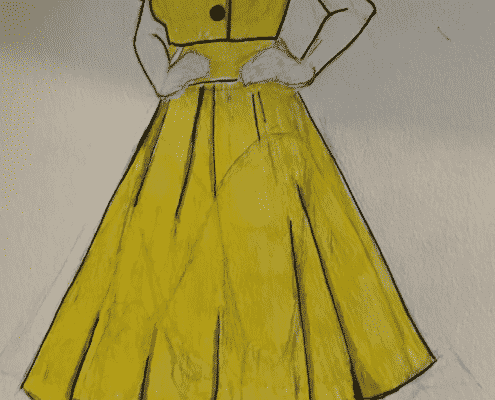 A costume sketch of a girl in a yellow dress