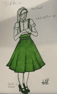 A costume sketch of a girl in a green dress