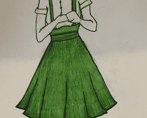 A costume sketch of a girl in a green dress