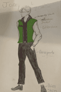 A costume sketch of a boy in a green jacket