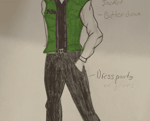 A costume sketch of a boy in a green jacket