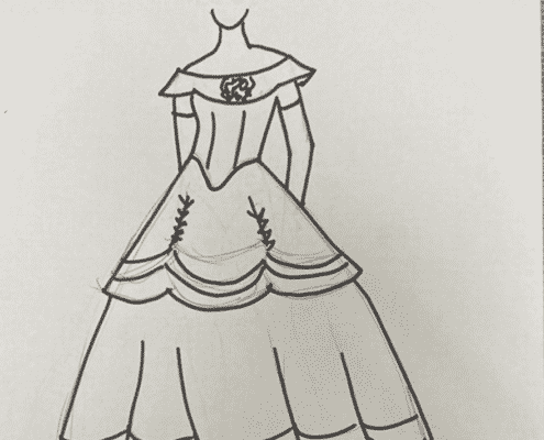 A costume sketch of Belle's ballgown