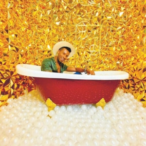 A person poses in a bathtub surrounded by glitter and gold