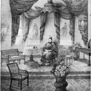 A sketch of Afong Moy in her room, filled with Chinese objects