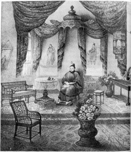 A sketch of Afong Moy in her room, filled with Chinese objects