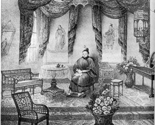 A sketch of Afong Moy in her room, filled with Chinese objects