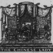 A sketch of Afong Moy in a curtained room