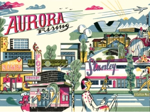 An illustration of the bustling buildings in Aurora