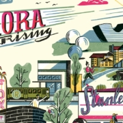 An illustration of the bustling buildings in Aurora