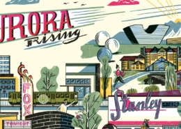 An illustration of the bustling buildings in Aurora