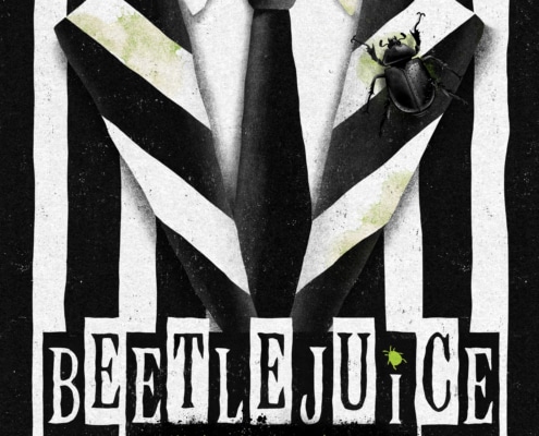 Beetlejuice logo letters over an image of a black and white striped suite with a solid black tie