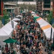 A large crowd of people walks through a market