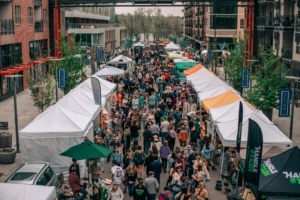 A large crowd of people walks through a market