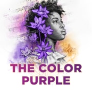 White background with a black and white illustration of a Black woman and purple flowers above the words "THE COLOR PURPLE"