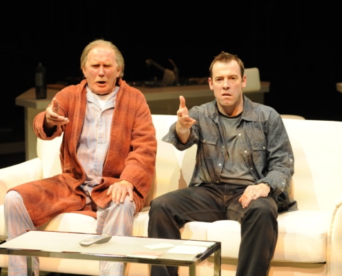 Two men sit on a couch gesturing to something in front of them in The Catch.