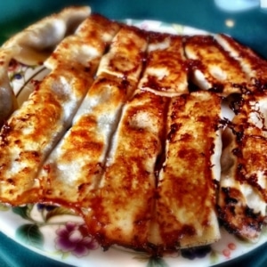 A closeup of pan fried dumplings