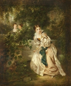 A painting of a young woman eavesdropping