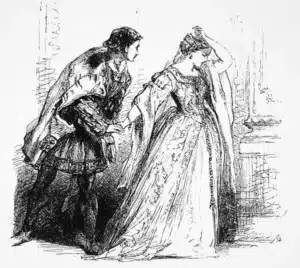 A sketch of a young man pleading with a young woman