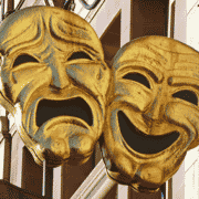 The two masks that define theatre, one crying on the left and one laughing on the right