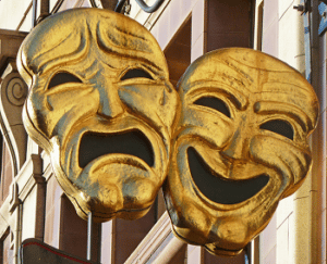 The two masks that define theatre, one crying on the left and one laughing on the right