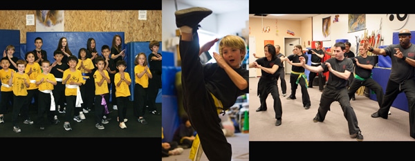 Several photos of students in martial arts classes