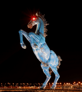 The blue mustang sculpture outside DIA