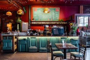 A colorful coffee counter in Mercury Cafe