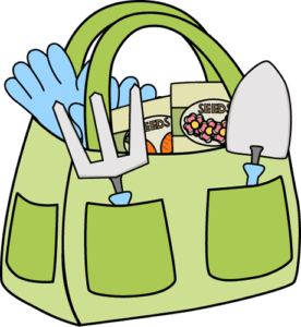 Clip art of a gardening bag with tools and seeds