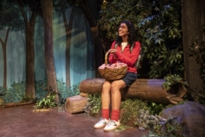 Little Red sits on a log holding a wicker basket